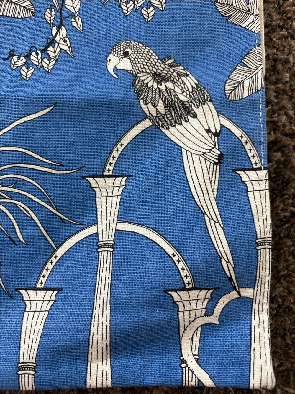 Clarins Blue & White Tropical Print Canvas Medium Tote Bag w/ Parrot & Palm Tree